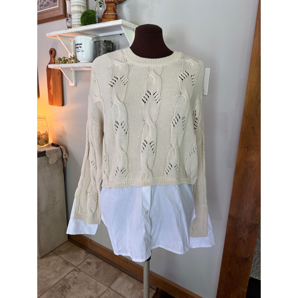 NWT Pilcro Mixed Media Sweater M Ivory Twofer Cable Knit Pointelle